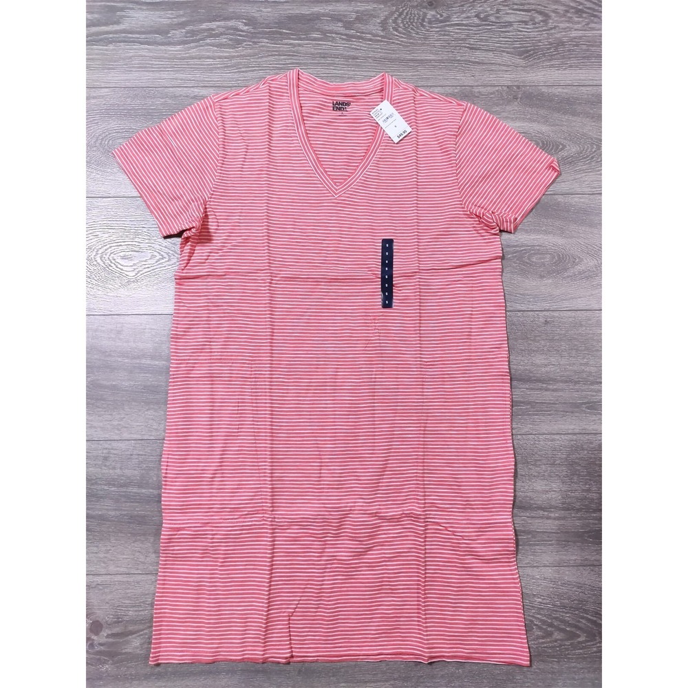 Lands End Dress Women Small 6-8 Red Striped V-Neck T-Shirt Slub Cotton Pocket